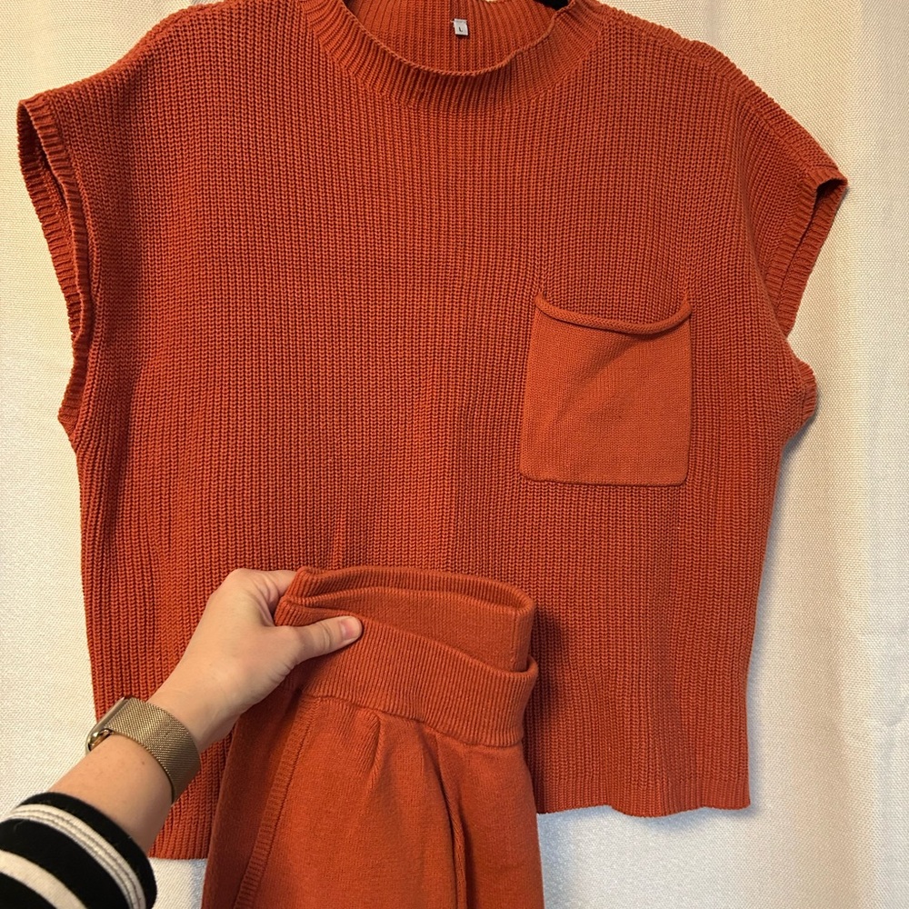 Orange Knit Sleeveless Top and Pant Set